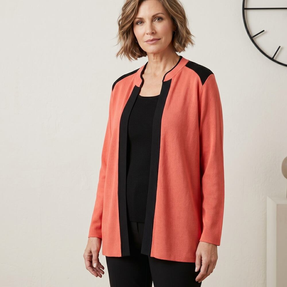 Misook Open Front Cardigan Jacket 2X Coral Black Colorblock Knit Career Top